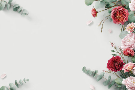 A beautiful arrangement of pink and red flowers mixed with eucalyptus leaves is displayed on a light gray surface. Petals are gently scattered around, adding charm to the scene.の素材