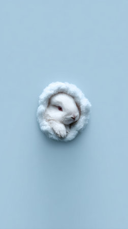 A small white rabbit is curiously looking out from a soft, fluffy cloud against a light blue backdrop. The scene is playful and calming, evoking a sense of whimsy.の素材