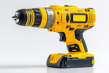 A cordless drill rests on a solid light background, showing its bright yellow and black design. This tool is ideal for home repairs, crafting, and construction projects.の素材