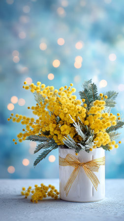 A white pot filled with vibrant yellow flowers and green accents sits beautifully against a soft, blurred blue background with sparkling lights, creating a cheerful atmosphere..の素材
