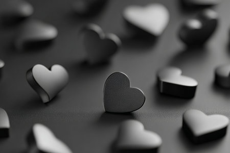 Black heart shapes are scattered across a shiny, dark surface adorned with subtle sparkles. This scene captures a moment of creativity, ideal for decoration or celebrations..の素材