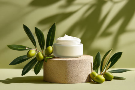 A creamy skincare product sits on a light brown pedestal surrounded by fresh olive branches and fruits. The soft green background enhances the natural elements of the scene.の素材