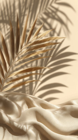 A golden spray bottle rests on soft beige fabric, illuminated by gentle light. Nearby, lush palm leaves create a stylish backdrop, enhancing the luxurious ambiance of the setting..の素材