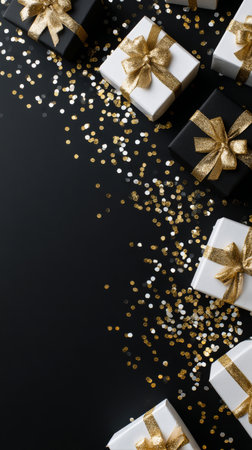 Brightly wrapped gifts in black and white with gold bows are placed on a dark surface scattered with shiny confetti, creating a festive atmosphere perfect for celebrations.の素材