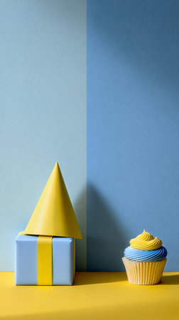 Colorful party decorations feature a blue gift box tied with a yellow ribbon, a yellow party hat, and a cupcake with blue frosting.の素材