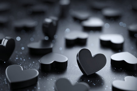 Black heart shapes are scattered across a shiny, dark surface adorned with subtle sparkles. This scene captures a moment of creativity, ideal for decoration or celebrations.の素材