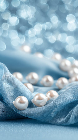Delicate pearls rest gently on a light blue fabric, creating a luxurious feel. The shimmering texture adds depth and beauty to the arrangement, enhancing the overall elegance..の素材