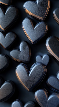 A collection of shiny hearts in different sizes and tones rests on a dark surface.の素材