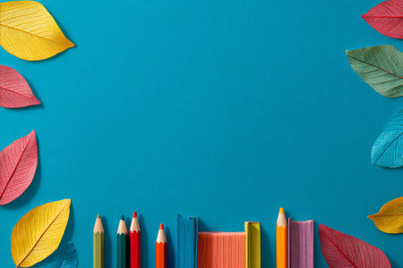 Bright colored pencils and books are neatly placed at the bottom, surrounded by decorative leaves on a striking blue surface, creating a cheerful artistic scene.の素材