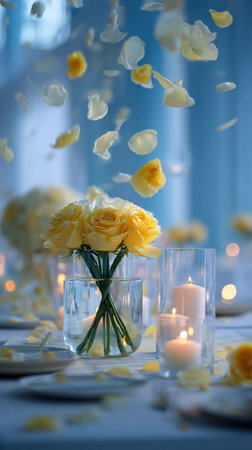 Soft yellow roses are arranged in clear vases on a beautifully set table. Petals float through the air, while candles glow softly, adding warmth to the scene.の素材