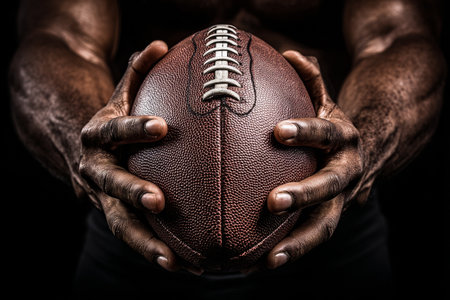 Strong hands grip a football tightly, showcasing the intensity and focus before an upcoming game. The dark background adds depth to the scene, highlighting the sport.の素材