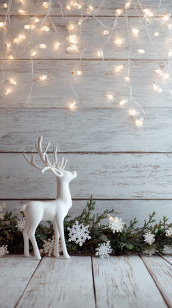 A white reindeer figurine stands on a rustic wooden table decorated with greenery and twinkling lights, creating a warm and festive ambiance perfect for the holiday season..の素材