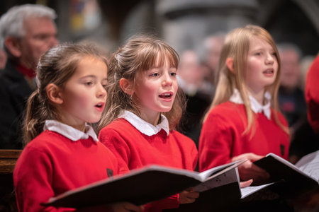 Three girls in red sweaters sing happily in a church choir. They hold open songbooks and are focused on their performance in front of an attentive audience.の素材