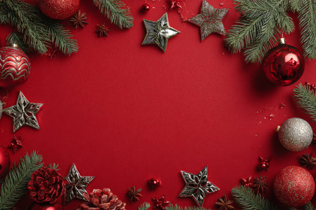 A vibrant arrangement of red and gold Christmas ornaments, including stars, pinecones, and baubles, set against a rich red background for the holiday season..の素材