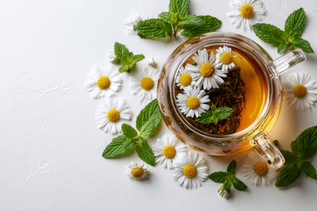 A clear glass teapot filled with golden herbal tea sits among fresh chamomile flowers and green mint leaves on a bright surface, creating a relaxing atmosphere perfect for afternoon tea.の素材