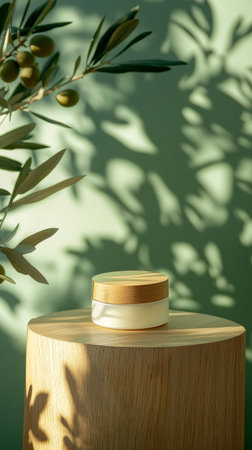 A small jar of natural skincare product sits on a wooden platform. An olive branch and whole olives surround it, creating a fresh and earthy vibe in the setting..の素材