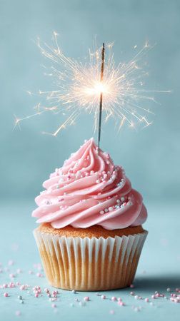 A colorful cupcake topped with fluffy pink frosting and sprinkles is lit by a sparkling candle. The scene is set against a light blue background, perfect for a festive occasion..の素材