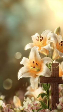 Beautiful white lilies grow near a wooden cross, creating a peaceful atmosphere in a garden filled with soft natural light. Perfect for reflection and remembrance.の素材