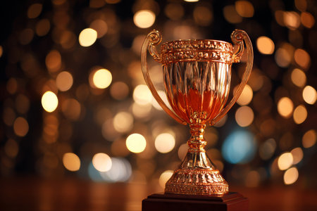 A shiny golden trophy stands proudly on a pedestal, capturing attention with its intricate design. The backdrop is filled with bright, blurred lights, creating a celebratory atmosphere.の素材
