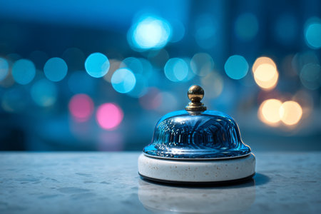 A shiny bell sits on a countertop, reflecting warm city lights in the background. The scene is set during dusk, creating a vibrant atmosphere filled with colorful bokeh.の素材