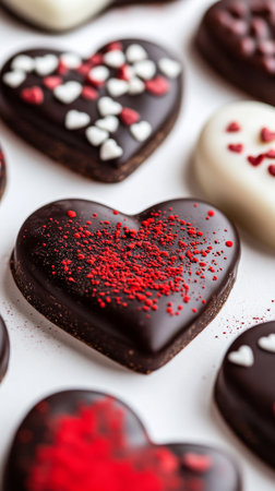 Heart-shaped chocolates in dark and white varieties are beautifully arranged on a white surface. Bright red sprinkles add a touch of color, creating an inviting dessert display..の素材