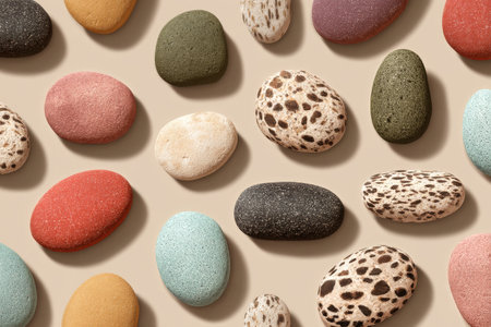 A variety of decorative stones in different colors and patterns are laid out on a smooth light surface. The stones display unique shapes, textures, and colors that catch the eye.の素材