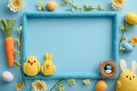 Bright yellow felt chicks and flowers surround a soft blue felt background, creating a cheerful spring atmosphere with a nest and easter eggs placed nearby..の素材