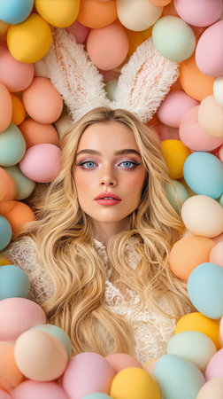 A cheerful young woman with long blonde hair and bunny ears smiles at the camera while lying on a bed of pastel-colored Easter eggs in a colorful celebration..の素材