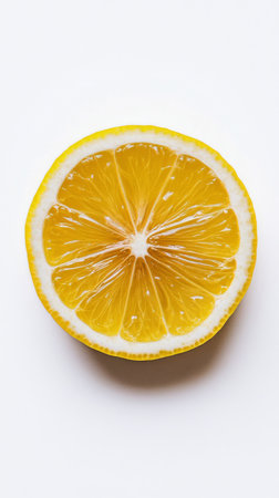 This lemon slice reveals a rich yellow color and juicy texture, positioned on a plain white background. The fresh fruit captures the essence of zesty flavors and natural beauty.の素材