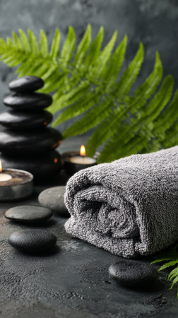 A rolled gray towel rests beside smooth black stones and flickering candles, surrounded by green ferns, creating a peaceful spa-like atmosphere ideal for relaxation and wellness.の素材