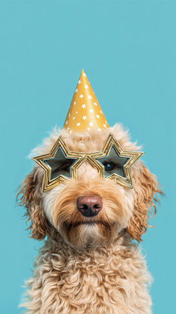 A cheerful dog with curly fur poses in fun star-shaped glasses and a shiny party hat. The bright blue backdrop enhances the festive mood, creating a joyful atmosphere.の素材