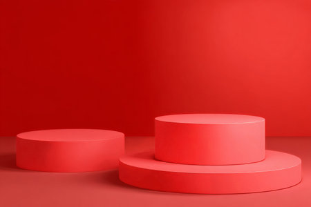 Bright red circular displays sit on a matching red surface, creating a bold and unified visual presentation. Ideal for showcasing products or artwork in a modern setting.の素材