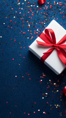 A beautifully wrapped gift sits on a blue surface, adorned with a red ribbon. Small pieces of confetti in various colors surround the gift, adding a festive touch..の素材