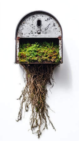 A creative mailbox serves as a planter, filled with vibrant green moss and roots cascading down. This unique decor adds charm to the wall, showing natures beauty.の素材