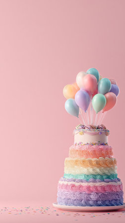 A beautifully decorated birthday cake sits against a pink backdrop. Various pastel layers are topped with colorful balloons, creating a festive atmosphere for a celebration.の素材