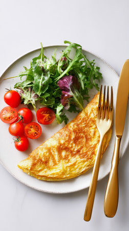 A tasty omelette is served alongside a vibrant salad with fresh greens and red cherry tomatoes on a stylish plate with shiny gold utensils..の素材