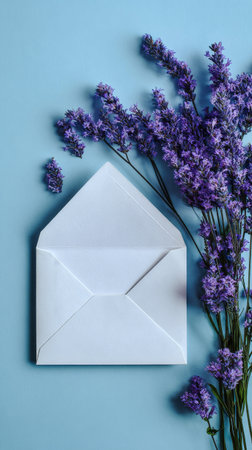 A white envelope is placed on a soft blue surface next to a cluster of fresh lavender flowers. The arrangement creates a calm and inviting scene perfect for personal notes or greetings.の素材