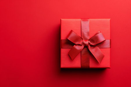 A bright red gift box with a matching ribbon sits on a solid red background. This scene is perfect for celebrations, birthdays, or special occasions.の素材