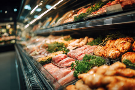 Various types of fresh meat are neatly arranged in a grocery store. The display includes chicken, pork, and beef, all presented under bright lights in a clean environment..の素材