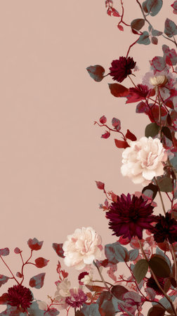 A colorful assortment of red, white, and pink flowers arranged artistically on a light pastel background creates a pleasing visual effect perfect for home decor..の素材