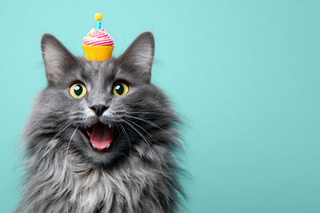 A joyful gray cat with fluffy fur and bright yellow eyes poses with a colorful cupcake on its head. The background is a soothing turquoise color, enhancing the playful scene.の素材