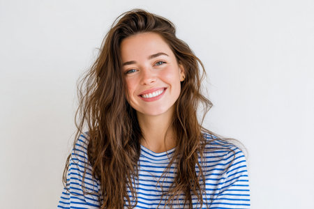 Woman with long, wavy hair smiles brightly while wearing a blue striped shirt, standing in front of a neutral-colored wall. Her cheerful expression evokes positivity..の素材