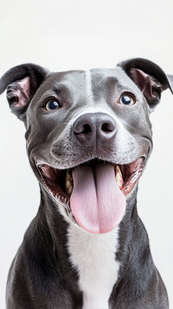 A playful dog with a gray coat and distinct blue and brown eyes smiles widely. Its tongue hangs out as it enjoys a cheerful moment against a simple background.の素材