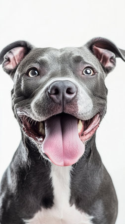A playful dog with a gray coat and distinct blue and brown eyes smiles widely. Its tongue hangs out as it enjoys a cheerful moment against a simple background..の素材