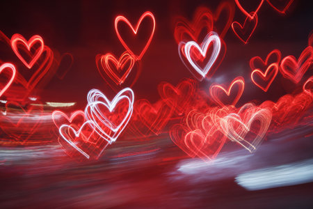 Bright red and white heart shapes float in a soft, dreamy background. The warm colors create a romantic setting, perfect for celebrations of love, friendships, or special moments..の素材
