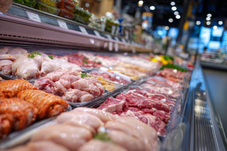 Various types of fresh meat are neatly arranged in a grocery store. The display includes chicken, pork, and beef, all presented under bright lights in a clean environment.の素材