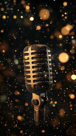 A classic microphone stands alone against a dark backdrop, illuminated by warm golden sparkles that create a magical atmosphere for a performance or recording.の素材