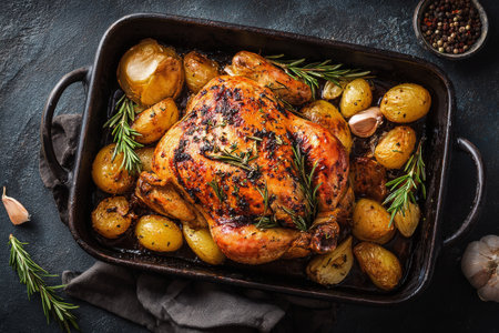 A whole roasted chicken sits golden brown on a dark tray, surrounded by crispy potatoes and fresh herbs, ready to be served at a family meal.の素材
