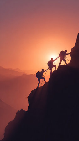 Three hikers climb a steep rocky slope as the sun sets in the background, casting a warm orange glow over the mountain landscape.の素材