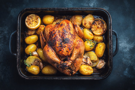 A whole roasted chicken sits golden brown on a dark tray, surrounded by crispy potatoes and fresh herbs, ready to be served at a family meal..の素材